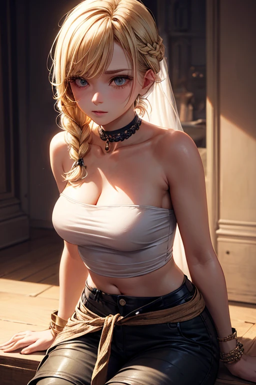 1girl, bandeau, blonde hair, braid, large breasts, choker, hair over shoulder, lips, long hair, midriff, nose, realistic, single braid, solo, strapless, tube top
masterpiece, best quality,
<lora:backlight_slider_v10:-1> <lora:contrast_slider_v10:3>