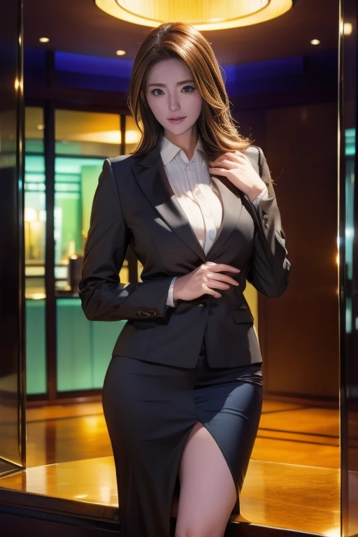 Top image quality、hight resolution、Beautiful One Woman in Perfect Style、affectionate smile、Business Wear、Office Clothes、suits、big breasts thin waist、slim legs、Rear view