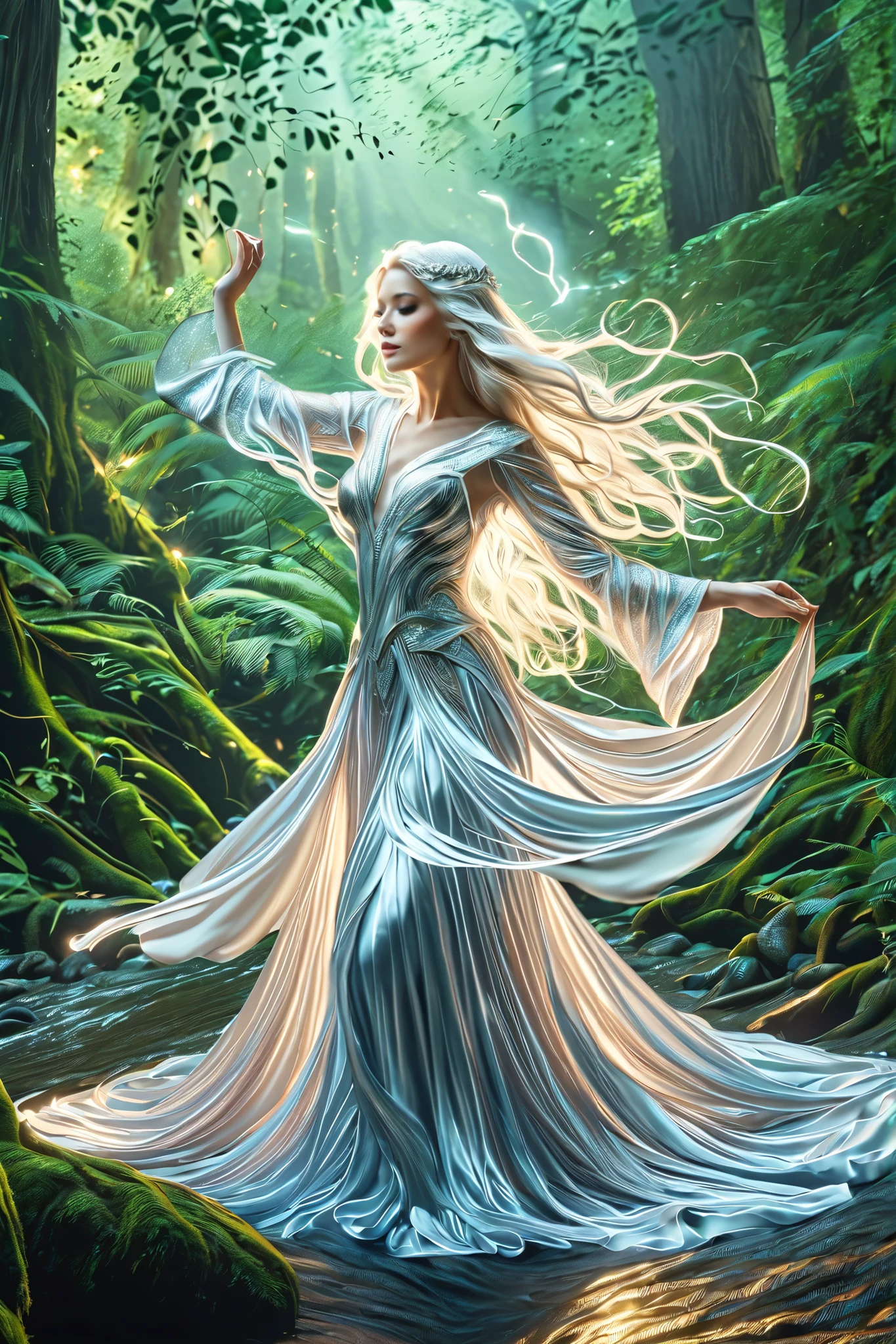 (best quality,4k,8 k,high definition,masterpiece:1.2), extra detailed, (realistic,photorealistic,photo-realistic:1.37), In the heart of the enchanted forest, wrapped in the soft glow of moonlight , seeping through the striping above them , x} stands a figure of ethereal beauty . She is an elven sorceress , , her long silver hair flows in flowing waves around her slender figure, like moonrays , woven into silk . Her eyes, , a fascinating combination of rainbow shades , flickers with supernatural light , reflecting the variety of colors of the surrounding forest . They're windows to the soul , , the same ancient , as the trees themselves , filled with wisdom and mystery , far beyond her tender years . Dressed in flowing white clothes , spell, adorned with intricate silver thread patterns , She moves with grace, which is both elegant and casual . Every movement is a dance , smooth movement , like ripples , running through water , sliding across smooth stones . When she raises her tender hands to the sky , } the air around her is bursting with magical energy , the very essence of the forest responds to her call . Words of power come off her lips , like liquid silver , ancient spells , echoing in the silence of the night with the mesmerizing melody . With every word , , threads of magical energy begin to swirl around her , Figures begin to form inside the vortex, intertwining in a flickering vortex of light and shadow . , phantom creatures , born of pure magic , dancing to the beat of her voice . And when she reaches the climax of her , her voice rises to the climax , filling the forest with a symphony of power and wonder . } With the last wave of her hands , she releases a spell , magical energies merge into a dazzling burst of light , illuminating the darkness , like a thousand stars .( art by Amano Yoshitaka :1.3)