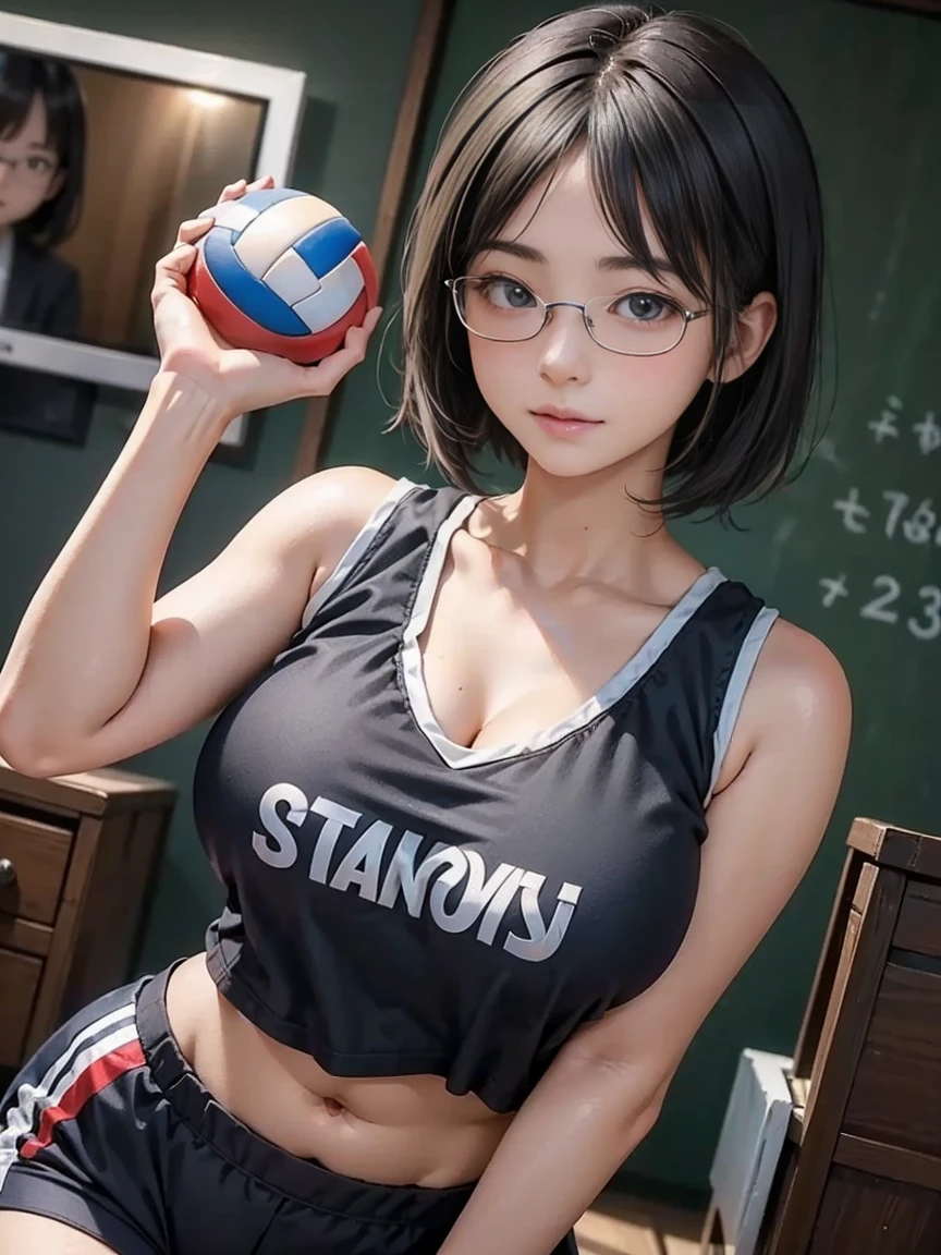 Japanese Idols Mature Woman (short hair) (Asymmetrical Bob Hair) (Shoulder-length bob hair) plump attractive appearance Short brown hair with bangs The bangs cover one eye Thin rectangular frame glasses Big eyes length, Narrow eyes Expressions of joy Big Breasts Volleyball Club Manager Wear a jersey Shorts In the gym masterpiece humidity Drawing from below Portraiture Low Angle Beautiful legs Split Squat Spread your legs