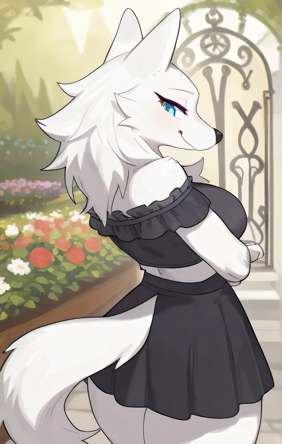 in, Highest Quality, masterpiece、no human、female skemo、Wolf、White Fur、odd-eye、skirt for ears、give viewers a hug、Gothic and ta clothing、garden
