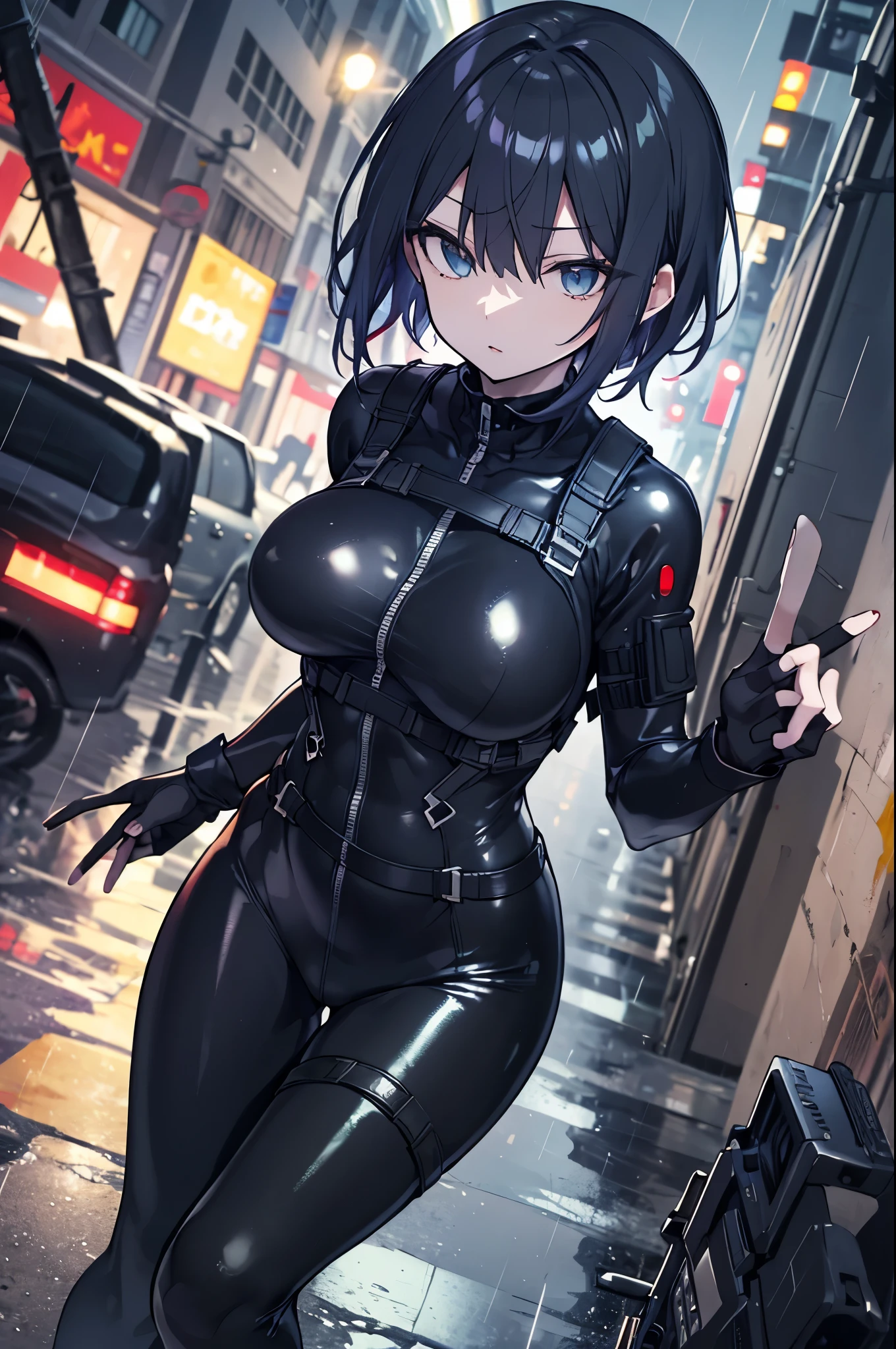 ((best quality)), ((masterpiece)), (detailed),  ((perfect hands)), ((perfect fingers)), anime girl gesture, seen from above, looking at the spectator,  shy look, short black hair, big breasts, sexy, ,ojos detaileds, blue eyes, ((pale skin)), ((hip covers)),  tactical equipment ,  chest harness , ((battlesuit tight black)) ((black gloves)), ((shiny black tight leggings)), serious look, Special mission, at night, city, heavy rain, Approach, 