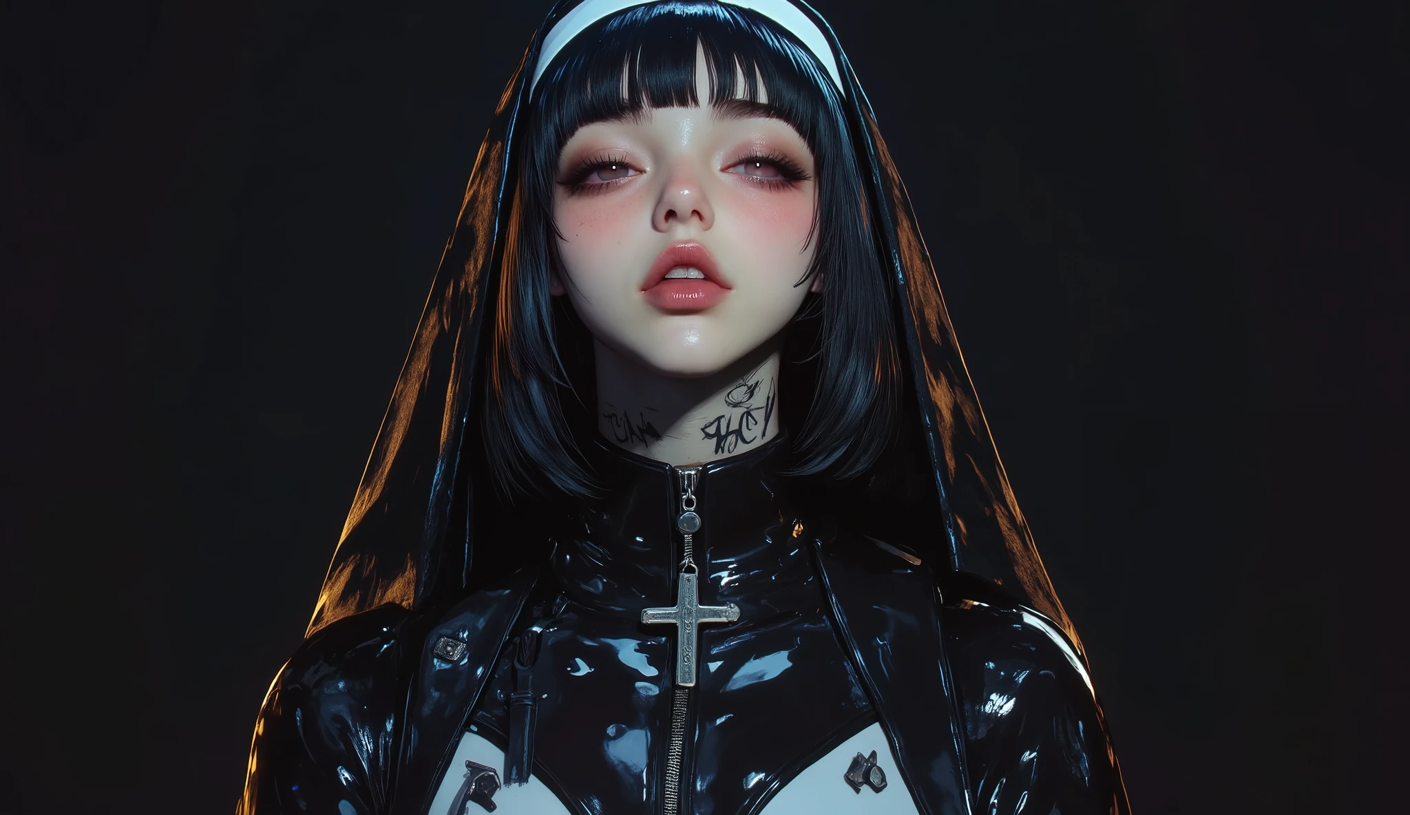(1 girl, french bob black haircut, ,,, nun girl attire, oily skin, blush,wet skin, jennie kim, black lips, cleavage, big breast