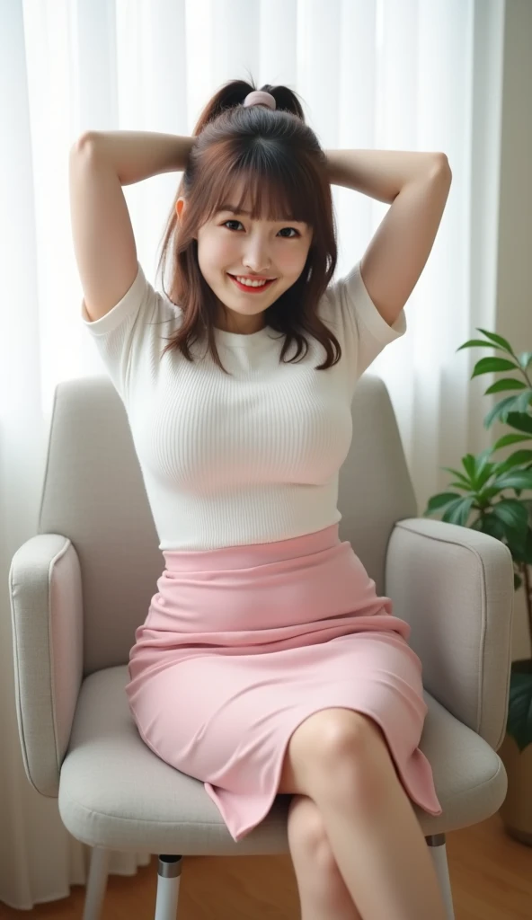 (One Girl), Brown Hair, (Very detailed美しい顔), Great face and eyes, (高いest quality:1.4), (Very detailed), (Very detailed CG 統合 8k 壁紙), Very detailed, High-resolution RAW color photos, Professional photography, Realistic portraits, Great face and eyes, Pink Eyes, (one piece mini skirt), model, Laugh shyly, (Spread your legs), (((Bokeh))), Depth of written border, Depth of written border, ((On the hotel bed)), (View from below:1.3),A smile full of happiness、Excited expression、Yawn、Breathtaking、looks happy