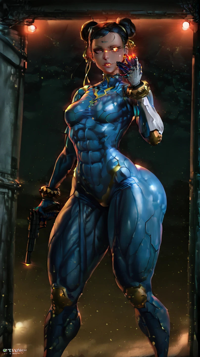 8k ((above view:1.3)), ((full body view))((back view:1.4))(large eyes:1.3), defined cheekbones, looking back, ((the pit style:1.4))((sleek dark blue bodysuit:1.6)) ((intricate lace details:1.6))detailed face:1.5), lightblue skin,(puffy lips:1.5) (lightblue skin:1.6), (bald woman:1.7), (skinhead) ((sexy pose)),(Muscular:1.3), ((gigantic breasts:1.5)), )highly detailed, Volumetric lighting, baroque oil painting by Greg Rutkowski, Artgerm, WLOP, dynamic angle,((intricate neon lines on bodysuit:1.3)), majestic, digital photography, best shadow, light particles, art by artgerm and ruan jia and greg rutkowski, ((gold shoulder pads:1.6)), (masterpiece), sidelighting, intricate details, (((gold and blue color palette))), gold ass, gold legs, reflective metal material