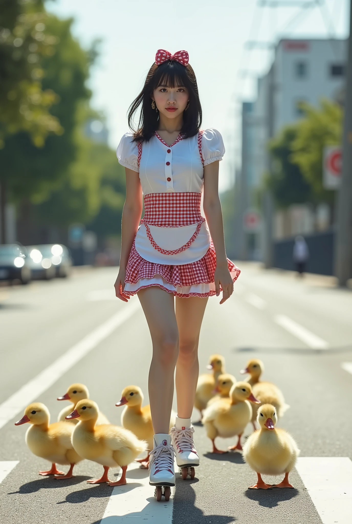 Create a stunning snapshot of a beautiful Japanese singer with a slender figure, medium bust, and thin legs. She has medium-length hair and is dressed in a Western-themed waitress outfit, featuring a skirt with a small apron design, and roller skates. The scene captures her from the front as she crosses a large street, with a line of ducklings following closely behind her.