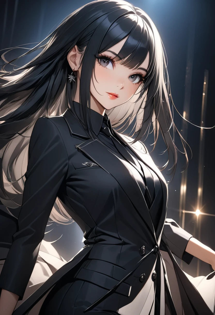 Beautiful woman with straight long black hair"Hiromi", tailoring black style, artistic fashion, (cinematic lighting)