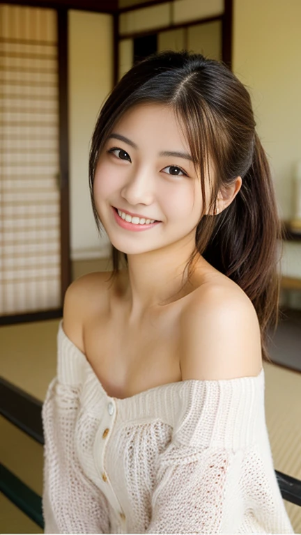 masterpiece,best quality,(Japanese girl),((Beautiful girl)),cleavage,(off shoulder:1.2),(perfect body beauty:1.2),(shy smile),From above