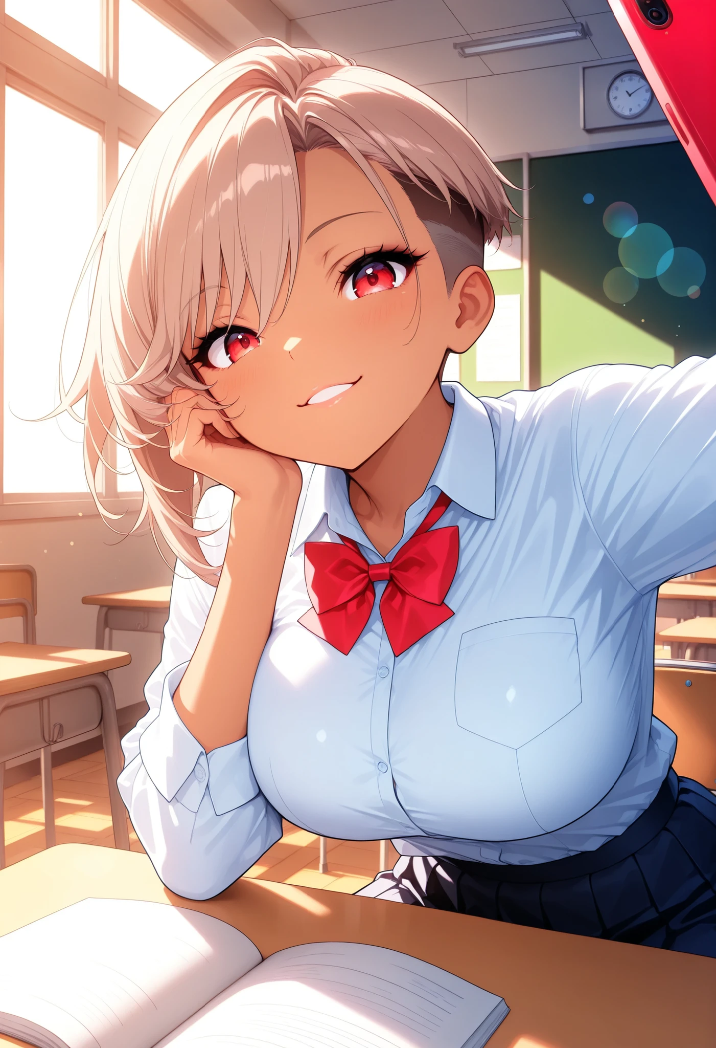 is so lovelyな女子校生, shirt, bow tie, 1 female, selfie with smartphone, Devilish Beauty , effectively expressing sunlight in a bustling pool, lens flare, (Mirai Edosaki, light brown hair, undercut, asymmetrical hair, red eyes, brown skinned), schools, Classroom, chairs, sitting, headrest, close-up, Glamor, is so lovely, colorful, lively, look at the viewer , sexy pose, high image quality, very aesthetic, Highest Quality, masterpiece.