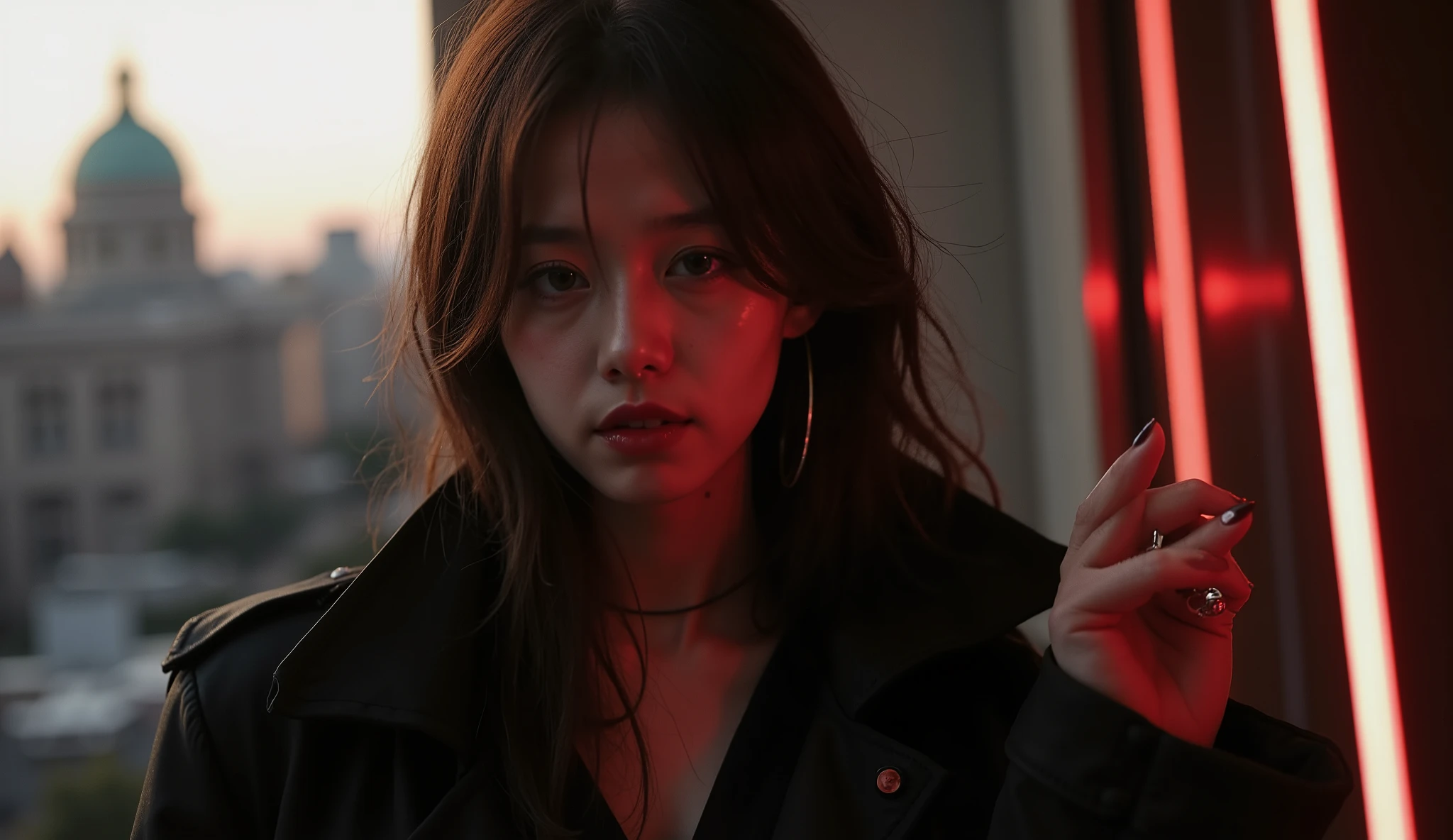 ” There is a hint of laughter in the corners of the mouth，collar slightly vertical。With a concise yet personal，showing a confident and detached posture，The flowing lines of the windbreaker enhance the dynamics。The dark red of a red wine glass corresponds to the color of her red lips，with the other hand wearing a silver ring。
Long hair natural loose，to this world。delicate yet soft，Heavy eye makeup or red lips，such as a black vest or silk top。earphone cord hanging around the neck，Neon reflected on her face，Surreptitiously flowing music。as if she could hear the beat of music，There is texture in the cold。screen though still，wearing wireless headphones with her ear，may be jazz、city pop、Tapping your feet to the beat of the music，Lo-fi electronic or retro rock。She wears a black or dark brown leather windbreaker，that forms the visual focus；With personality and uncompromising air field。Swing with the music in the breeze，the body swings freely，like saying：&quot;I am fine，No one needed to be full。The bottom is dark leggings or a leather skirt，Eye gaze into the distance，This contrast symbolizes the dark night she has just stepped out of the emotional darkness {x} but there is no regret — more of a sense of release and a little pride。facing the self-dominating light，Half bright、Half shadow。A pair of thick-soled Martin boots tread slightly on the edge of the terrace railing，for an uninhibited addition of serenity Feeling。

