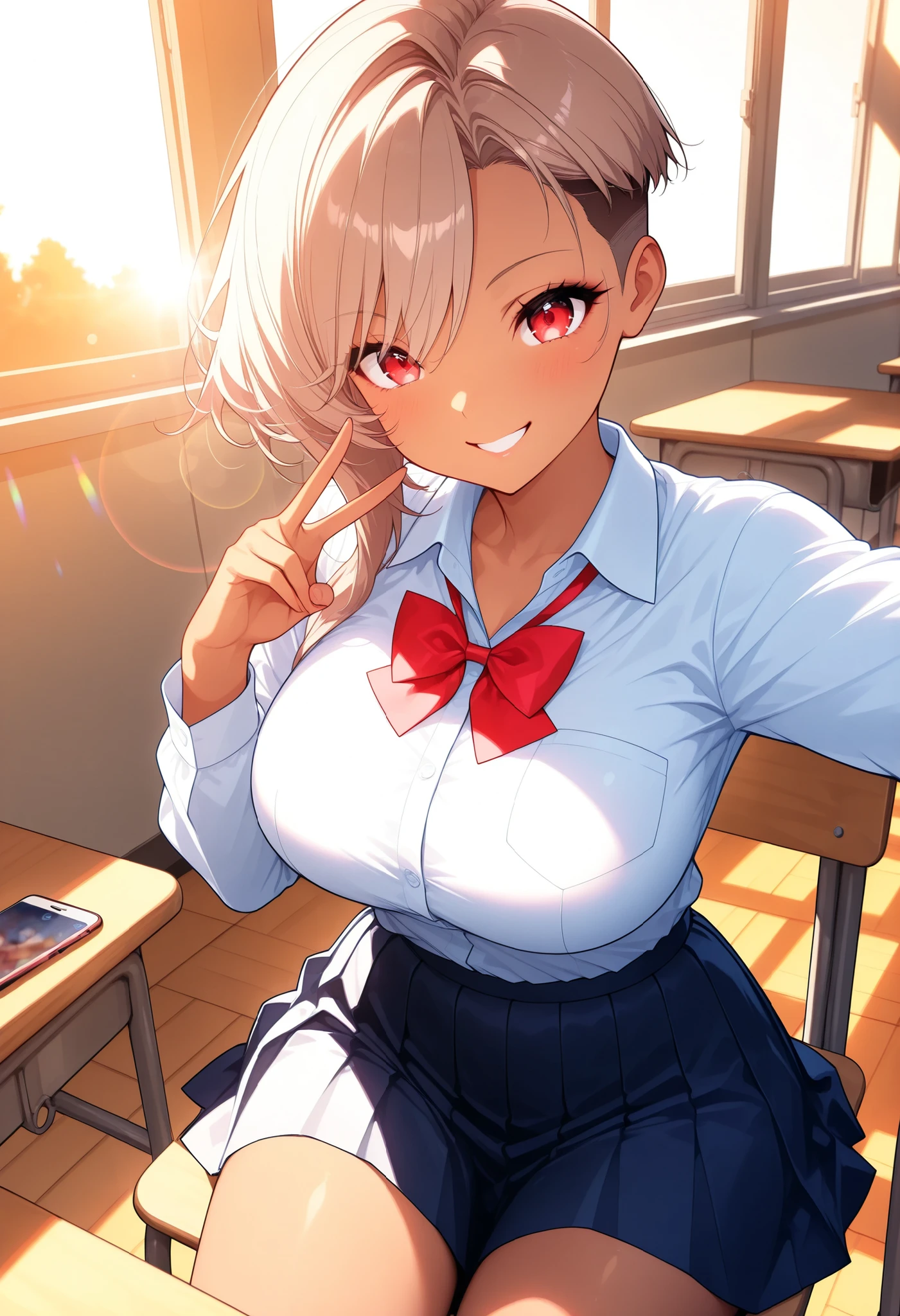  is so lovelyな女子校生, shirt,  bow tie, 1 female, Smartphone Selfies,  Devilish Beauty , effectively expressing sunlight in a bustling pool, lens flare, (Mirai Edosaki, light brown hair, undercut, asymmetrical hair, red eyes, brown skinned), schools, Classroom, chairs, sitting, V sign, close-up, Glamor,  is so lovely, colorful, lively,  look at the viewer , sexy pose, high image quality, very aesthetic, Highest Quality, masterpiece.
