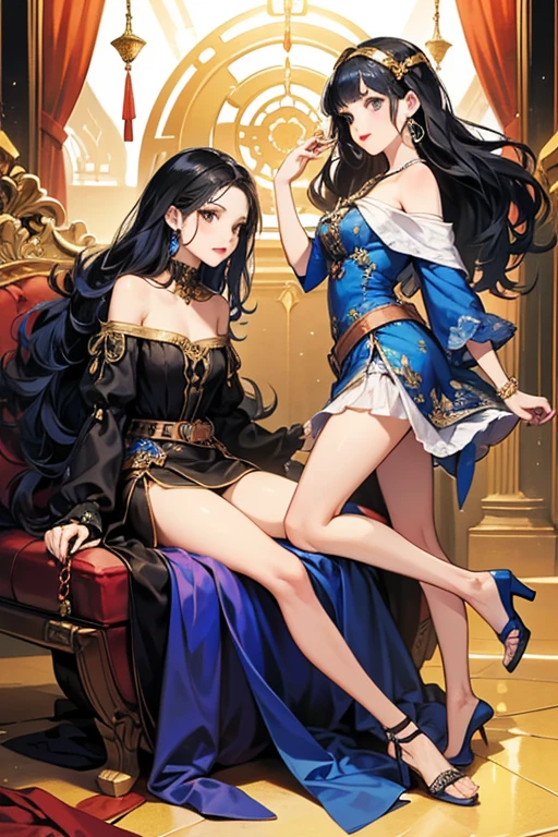 masterpiece, highest quality, High resolution, black long hair, hair accessory, medium breasts, With sleeves, necklace, jewelry, halter neck, cleavage,China dress, blue dress, long dress, indoors, chandelier, sitting, sofa, crossed legs, gentle smile