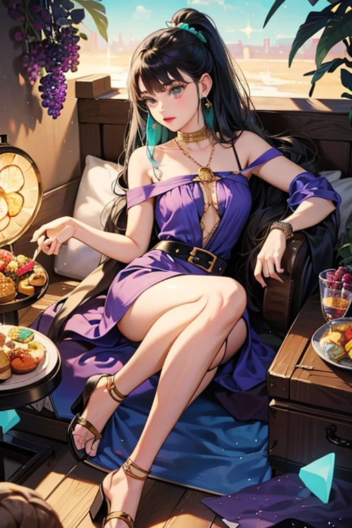 Create a detailed and highly realistic scene depicting Lanlinger, a beautiful 18-year-old girl with messy dark purple hair. She has a perfect face with soft skin, featuring light violet and red hues, and wears a sexy purple dress with a fantasy queen style, adorned with intricate designs and luxurious fabrics. The scene captures her sitting on a picnic blanket in a park. The weather is beautiful, with the sun casting a warm glow. The style should be in an oil painting style, with an 8k resolution to capture the essence of a masterpiece.