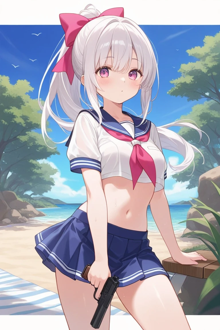 (cleft of venus), (navel), (extremely detailed CG unity 8k wallpaper,masterpiece, best quality, ultra-detailed),(best illumination, best shadow, an extremely delicate and beautiful), best quality, ((((masterpiece))), highres, original, extremely detailed wallpaper, 1girl, blue eyes,branch, cherry blossoms, daisy, floating hair, flower, hair flower, hair ornament, long hair, (((long sleeves))), looking at viewer, medium breasts,(((red_neckerchief))), petals, pink flower, (((blue_sailor collar))), , (((serafuku))), [[blouse]], (((silver hair))), (((solo))), spring (season), water, white flower,depth of field, character close-up,((no_pants)),((arms_behind_back)),(((no_panties))),(((bottomless,pussy))),(((white_blouse))),(((pee,peeing,peeing_self,defecating))),(((Squat -tt-))),(((Open legs))),(((white_socks,Loafer)))