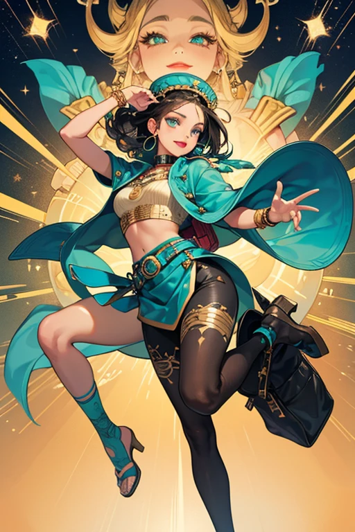 8k_wallpaper, extremely detailed eyes, extremely detailed body, (large masterpiece digital art), (detailed manga illustration), (detailed line art), ((perfect anatomy)), (intricate details:1.3), (ultra-detailed:1.3), (illustration:1.3), (sharp focus:1.3), (natural lighting:1.05), (vivid colors:1.3), (masterpiece), (best quality:1.4), (perfect anatomy:1.4), high quality, expressive eyes, full body, detailed face, beautiful face, perfect face, 1girl, tan skin, smile, breasts, solo, black hair, large breasts, curvy, wide hips, long hair, ((green eyes)), grin, collar, dynamic pose, hair over eye, regal outfit, formal, tiny top hat, (cityscape background),