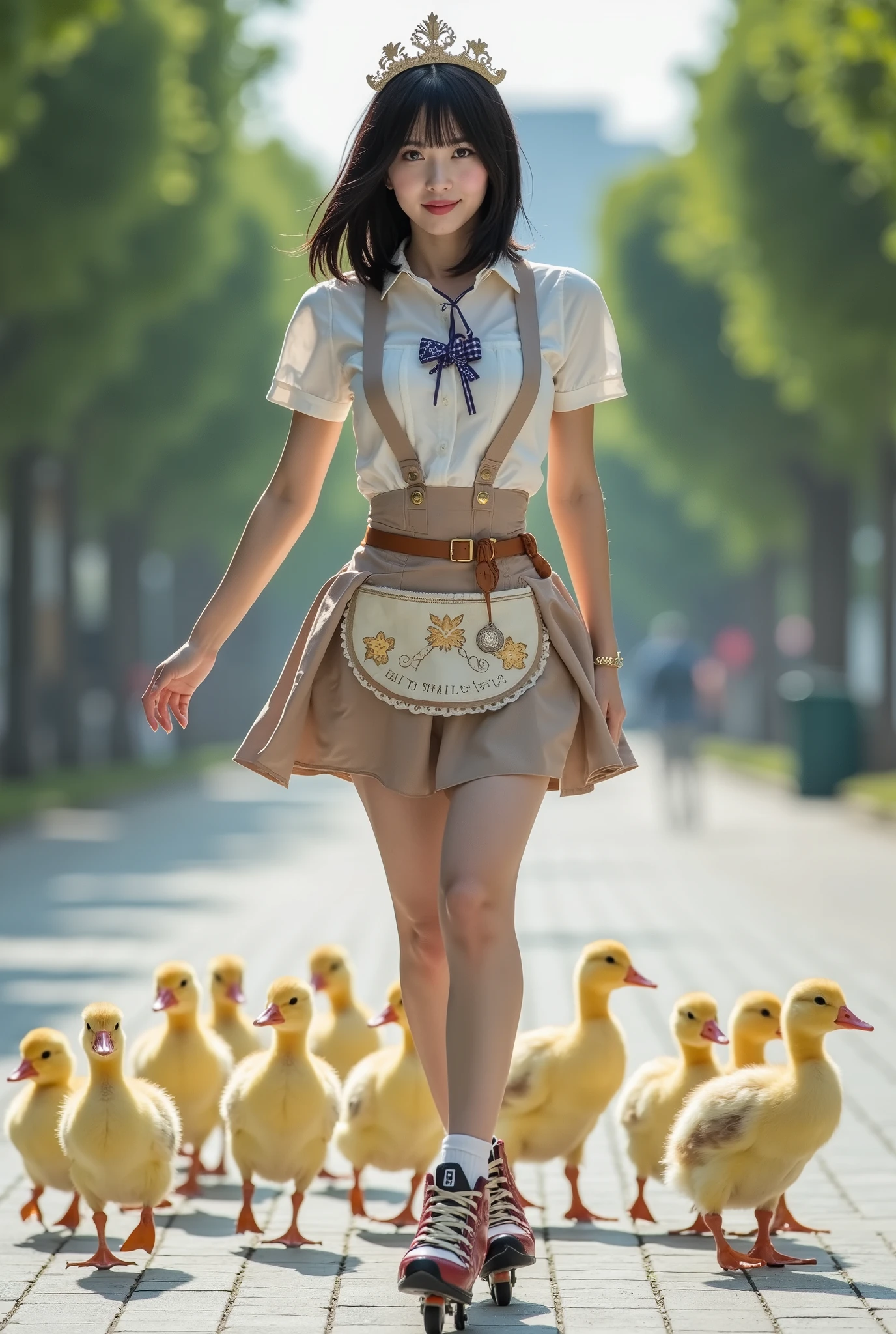Create a stunning snapshot of a beautiful Japanese singer with a slender figure, medium bust, and thin legs. She has medium-length hair and is dressed in a Western-themed waitress outfit featuring a skirt with a small apron design, while roller skating. The scene captures her from the front as she walks along a wide sidewalk, with a line of ducklings following closely behind her.