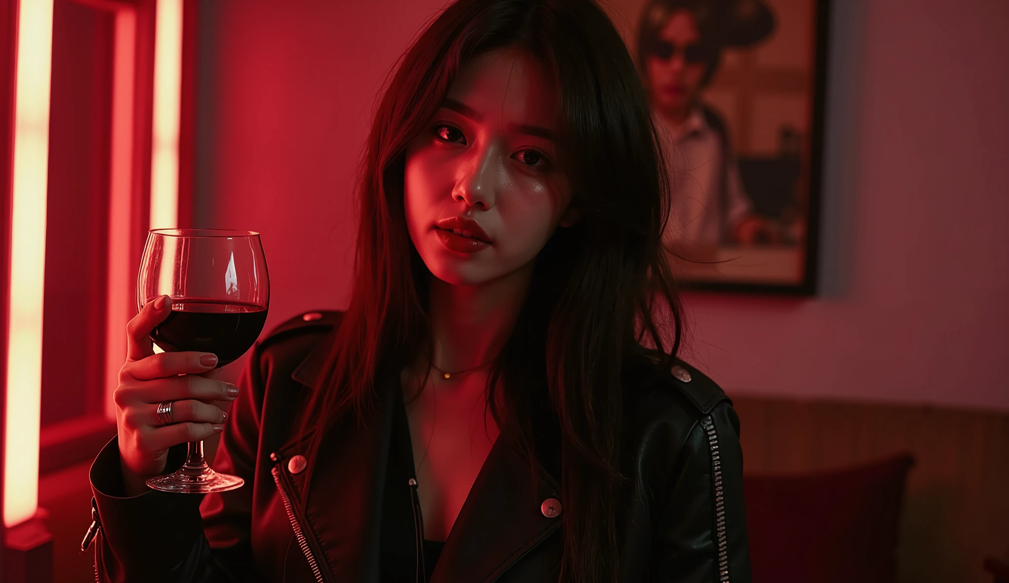 ” There is a hint of laughter in the corners of the mouth,collar slightly vertical。With a concise yet personal,showing a confident and detached posture,The flowing lines of the windbreaker enhance the dynamics。The dark red of a red wine glass corresponds to the color of her red lips,with the other hand wearing a silver ring。
Long hair natural loose,to this world。delicate yet soft,Heavy eye makeup or red lips,such as a black vest or silk top。earphone cord hanging around the neck,Neon reflected on her face,Surreptitiously flowing music。as if she could hear the beat of music,There is texture in the cold。screen though still,wearing wireless headphones with her ear,may be jazz、city pop、Tapping your feet to the beat of the music,Lo-fi electronic or retro rock。She wears a black or dark brown leather windbreaker,that forms the visual focus;With personality and uncompromising air field。Swing with the music in the breeze,the body swings freely,like saying:"I am fine,No one needed to be full。The bottom is dark leggings or a leather skirt,Eye gaze into the distance,This contrast symbolizes the dark night she has just stepped out of the emotional darkness {x} but there is no regret — more of a sense of release and a little pride。facing the self-dominating light,Half bright、Half shadow。A pair of thick-soled Martin boots tread slightly on the edge of the terrace railing,for an uninhibited addition of serenity Feeling。
