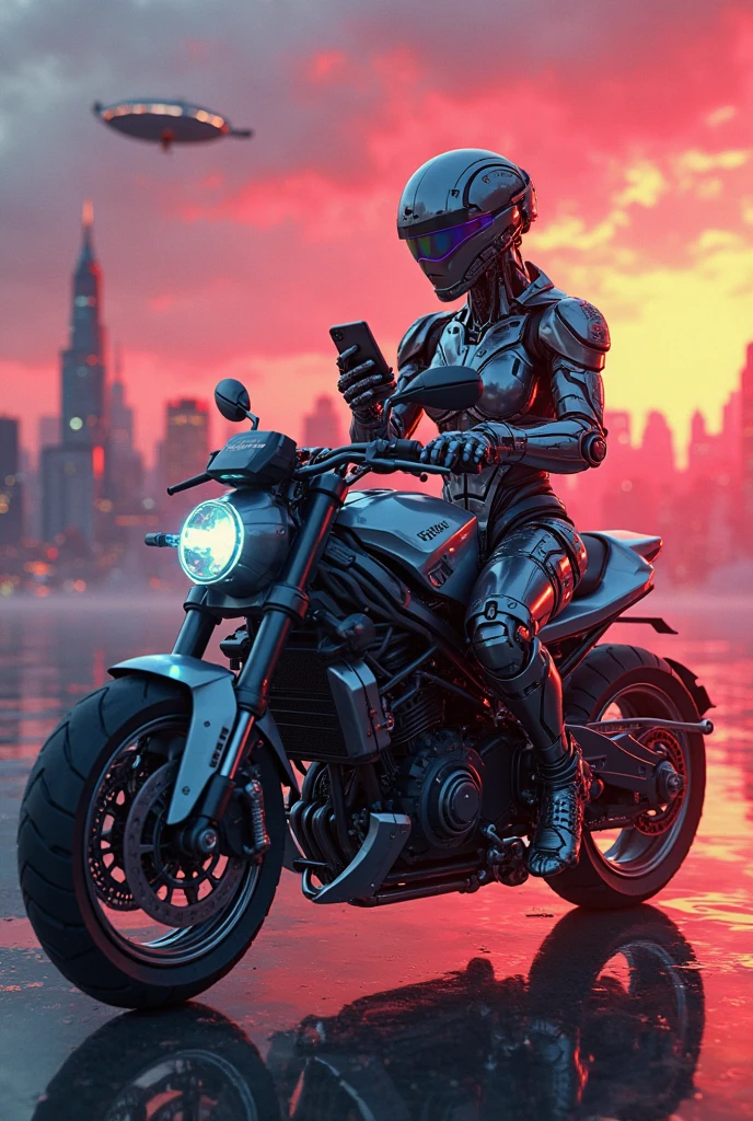 movie set, Cyborg em uma moto, com celular, taking sunset photos 