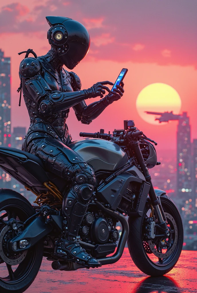 movie set, Cyborg em uma moto, com celular, taking sunset photos 