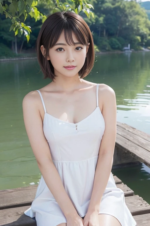 masterpiece, highest quality, highest quality, official art, beautiful and aesthetic:1.2),1 nude girl,  alone,  hair ornaments, unsheathing, black hair, sheath, blue eyes, off shoulder, flower, looking at the viewer, holding, Makeup, In a quiet pond in the forest where the water surface is reflected like a mirror.、