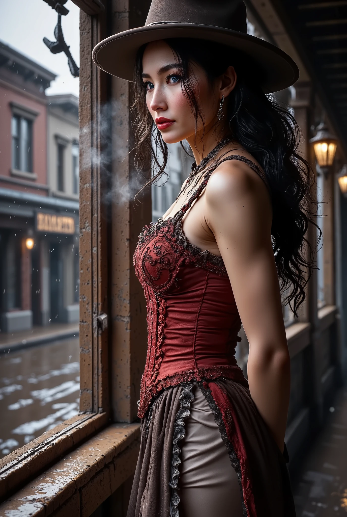 A hyperrealistic, cinematic medium shot of Esther-jp, a stunning woman standing by the window of a shadowy, rain-soaked saloon in a forgotten frontier town. She is dressed in sexy Western attire—a tightly laced crimson corset with delicate embroidery, a satin skirt with high slits that reveal elegantly laced garters, and thigh-high leather boots. A feathered, wide-brimmed hat sits tilted on her head, casting sultry shadows over her sharp, captivating features. Her lips are painted a deep crimson, parting slightly as she inhales from a lit cigarette, its ember glowing softly in the low light.
Thin wisps of smoke curl from the cigarette, drifting lazily around her face and dissipating into the dimly lit room. Her gaze is distant and contemplative, eyes fixed on the rain-swept street outside, where shadows stretch across the muddy ground and flickering lanterns pulse through the mist. Rain taps rhythmically against the glass, streaking down in blurred lines, distorting the fractured glow of saloon signs and broken street lamps.
The atmosphere is dark and oppressive, heavy with the weight of dust and fog that swirl faintly in the stagnant air. Light seeps through cracks in the wooden boards, illuminating the intricate details of her corset, the lace of her garters, and the gentle tendrils of smoke that rise from her cigarette.
The scene is captured with a Canon EOS 5D Mark IV using an 85mm f/1.2 lens — ISO 100, shutter speed 1/1000, aperture f/1.2. The shallow depth of field isolates Esther-jp, her cigarette, and the rain-streaked window, bringing her expression, attire, and the swirling smoke into stunning, lifelike clarity, while the world outside melts into soft, shadowy abstraction.
Style: Hyperrealistic cinematic photography, dark Western atmosphere, dramatic window view, shallow depth of field
Keywords: Esther-jp, beautiful woman, smoking cigarette, sexy Western attire, window view, Western saloon, cinematic lighting, shallow depth of field, Canon EOS 5D Mark