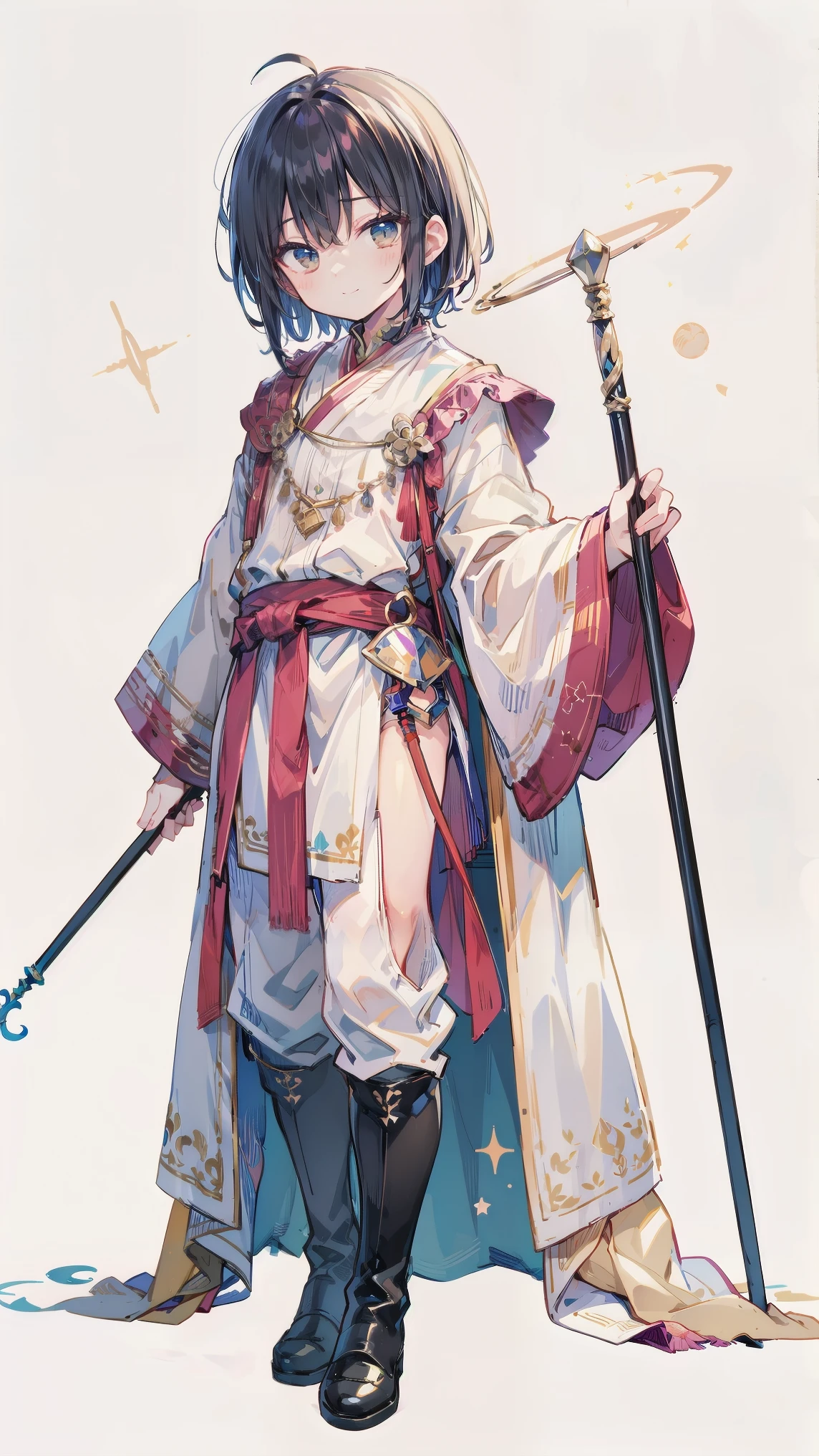beautiful boy、とてもis cool、Indian-like clothes、is cool、boy、smile、聖Cane、black long boots、Cane、星Cane、white background、 Full Body Standing Picture 、bundles his hair、立体六芒星のついたCane、no background