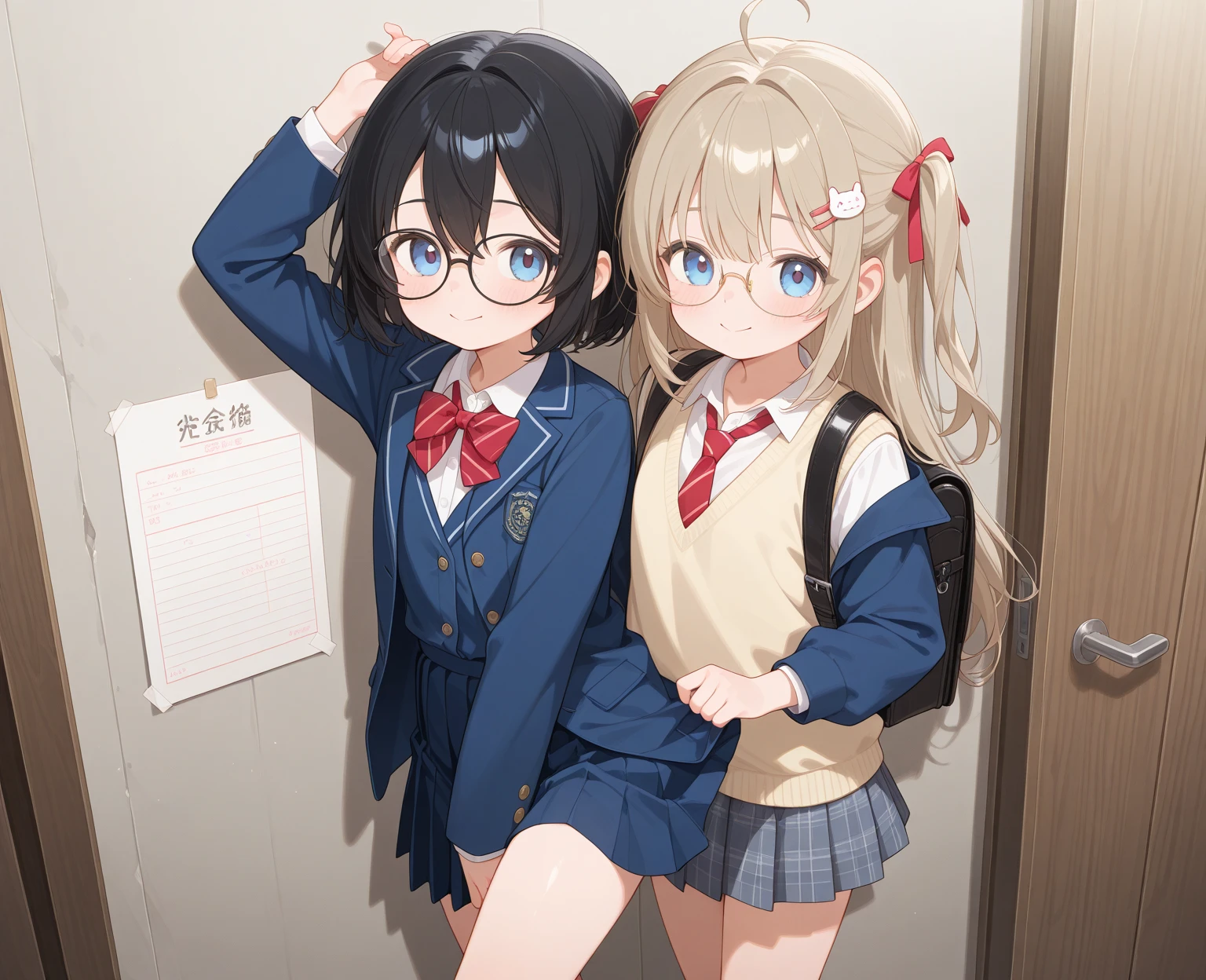 ultra-detailliert, Best Quality, High resolution, ((Two cute girls)), Pretty eyes、Looking at Viewer, pale skin, Petite,(Naked sailor suit)、(I'm not wearing panties.)、 (A dark-haired)、(flat chest), (Glasses), (blush:1.2), Blue eyes, An embarrassed smile, NSFW, Classroom、Focus on the face、ceiling, Long hair,