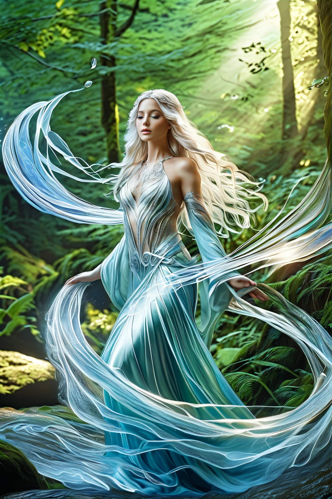(best quality,4k,8 k,high definition,masterpiece:1.2), extra detailed, (realistic,photorealistic,photo-realistic:1.37), In the heart of the enchanted forest, wrapped in the soft glow of moonlight , seeping through the striping above them , x} stands a figure of ethereal beauty . She is an elven sorceress , , her long silver hair flows in flowing waves around her slender figure, like moonrays , woven into silk . Her eyes, , a fascinating combination of rainbow shades , flickers with supernatural light , reflecting the variety of colors of the surrounding forest . They're windows to the soul , , the same ancient , as the trees themselves , filled with wisdom and mystery , far beyond her tender years . Dressed in flowing very transparent white clothes, spell, adorned with intricate silver thread patterns , areolas are visible on the chest, pubic hair, She moves with grace, which is both elegant and casual . Every movement is a dance , smooth movement , like ripples , running through water , sliding across smooth stones . When she raises her tender hands to the sky , } the air around her is bursting with magical energy , the very essence of the forest responds to her call . Words of power come off her lips , like liquid silver , ancient spells , echoing in the silence of the night with the mesmerizing melody . With every word , , threads of magical energy begin to swirl around her , Figures begin to form inside the vortex, intertwining in a flickering vortex of light and shadow . , phantom creatures , born of pure magic , dancing to the beat of her voice . And when she reaches the climax of her , her voice rises to the climax , filling the forest with a symphony of power and wonder . } With the last wave of her hands , she releases a spell , magical energies merge into a dazzling burst of light , illuminating the darkness , like a thousand stars .( art by Amano Yoshitaka :1.3)