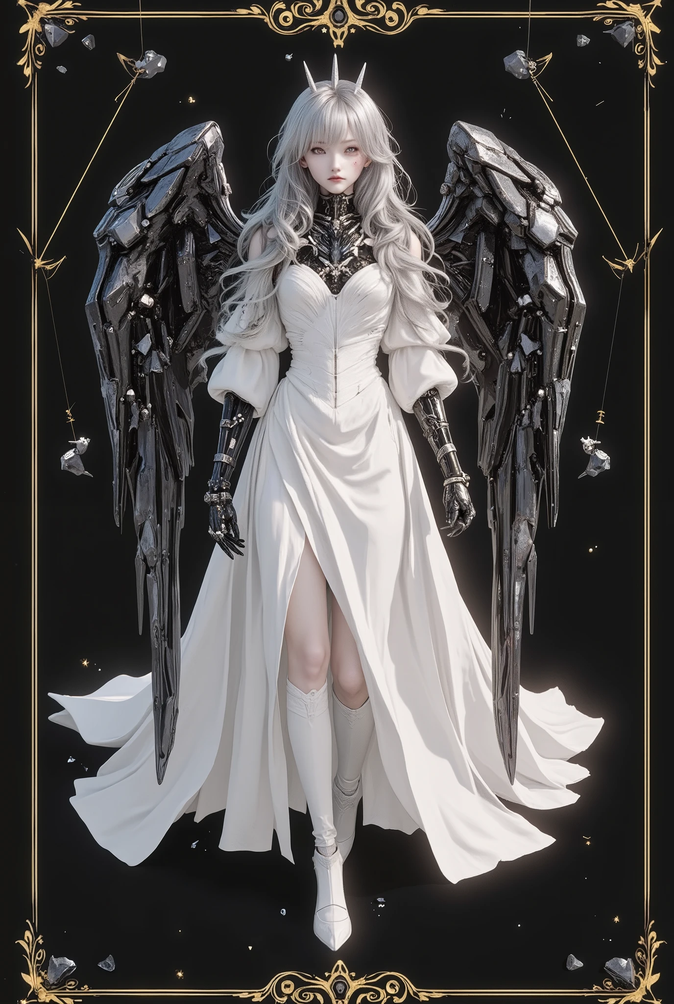 simple_black_background, black and white theme, Sense of coordination, sense of order, mathematics beauty, (((cover design))), (((((cover art))))), ((trim)), album_art, official art, (Master's work),
1girl, full body,
gelei, 1girl, Elegant Woman. silver hair (with a black line). Formal white thigh-length dress. Starry colored tights, suspended, cosmic gloves . lifeless eyes. Frost-blue eyes. Corrupted Energy Wings. black neck accessory . Upright and dominant posture. white geometry, black geometry, reflection, crystal_art, pattern_design, creative, Mystery pattern, black crystal decorate, black crystal, (architectural art), ((geometric art)), pattern design, creative,
------,
Low saturation, grand masterpiece, Perfect composition, film light, light art, yellow frame border