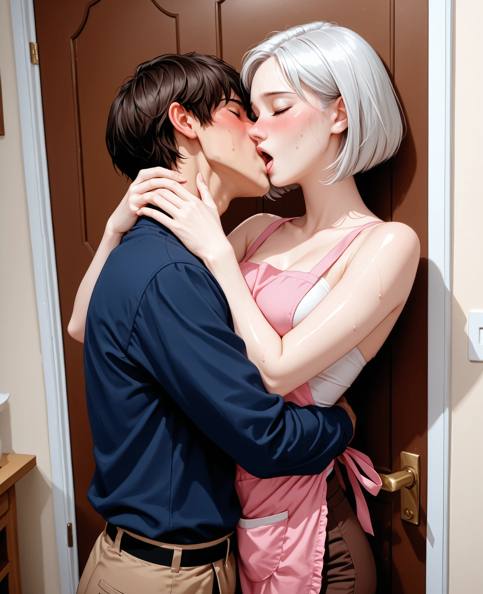 score_9, score_8_up, score_7_up, 1woman, solo, hair, closed eyes, white milky porcelain skin, white-skinned female, shoulder length silver hair in a bob, lovely medium breasts, perfect body, pink shirt, brown pants, pink apron, sweat, female organism, open mouth, looking at viewer, head tilt, nose blush, blush, indoor, bedroom, day time, late night, shiny skin, against door, standing , upper body, 1girl, 1boy (faceless, face on girl's face,
intense kiss, deep kiss, kiss ), hug. Dutch angle.