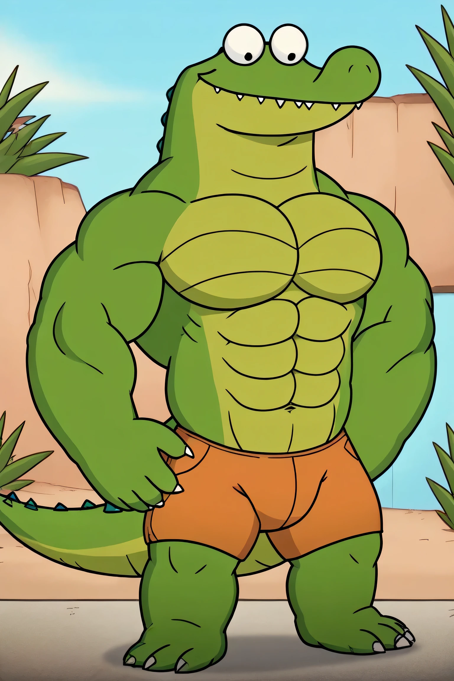 A gigantosaurus rex, g-rex, green giant strong dinosaur, green scales skin, golden chest, abs, long tail, full body, giant size, macro size, 50-foot size, lush jungle background, blue sky background, wearing ripped orange shorts, happy expression, biggest muscular body, 8k, hyper detailed, photocartoon 2d, ultra cartoon 2d, biggest cartoon 2d eyes, highly detailed cartoon 2d style, cinematic lighting, lush tropical foliage, powerful pose, smile expression, glistening scales, razor sharp teeth, massive claws, gigantic chin, saturaded colors, long legs, big feets.