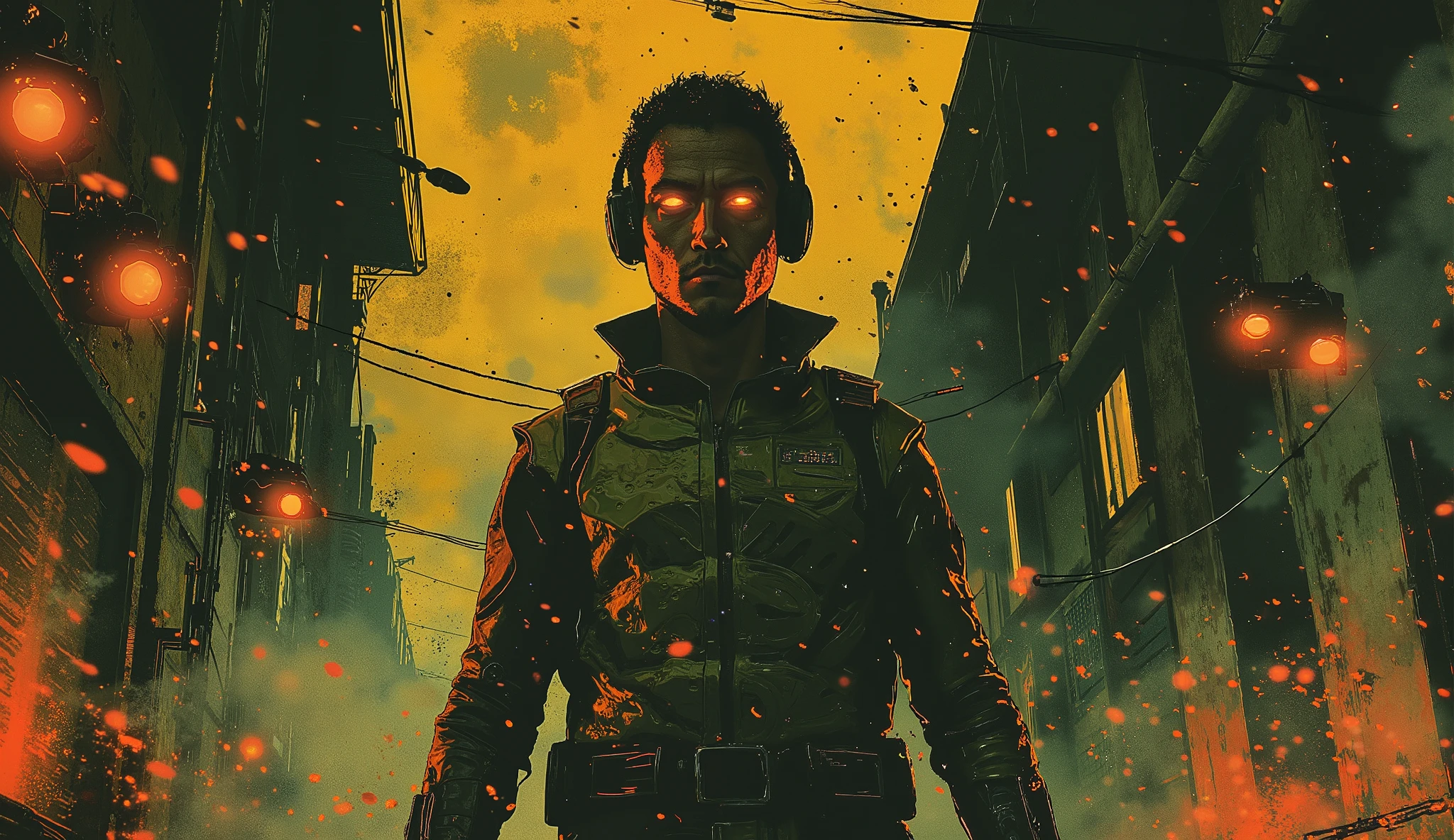candid full-body shot of a man in high-tech armor standing in a sci-fi environment, high resolution, detailed, physically-based rendering, studio lighting, man, heroic pose, stoic expression, tactical gear, metallic armor, sleek helmet, glowing energy cells, advanced weapon, futuristic city skyline, neon lights, hover cars, cloudy atmosphere, dramatic lighting, cinematic composition, grin, photorealistic, 8K, award winning, UHD