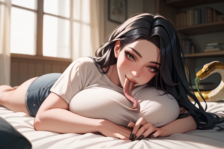Beautiful brunette woman, large, exposed breasts, wide hips covered by a semi-transparent robe; she sucks a big, thick cock with all her might; she has expressions of desire and lust; intrinsic details in the woman's eyes and mouth; intrinsic details on the thick, hard cock; intrinsic details in the woman's breasts; adult content, explicit sex; high definition, masterpiece, 8k
