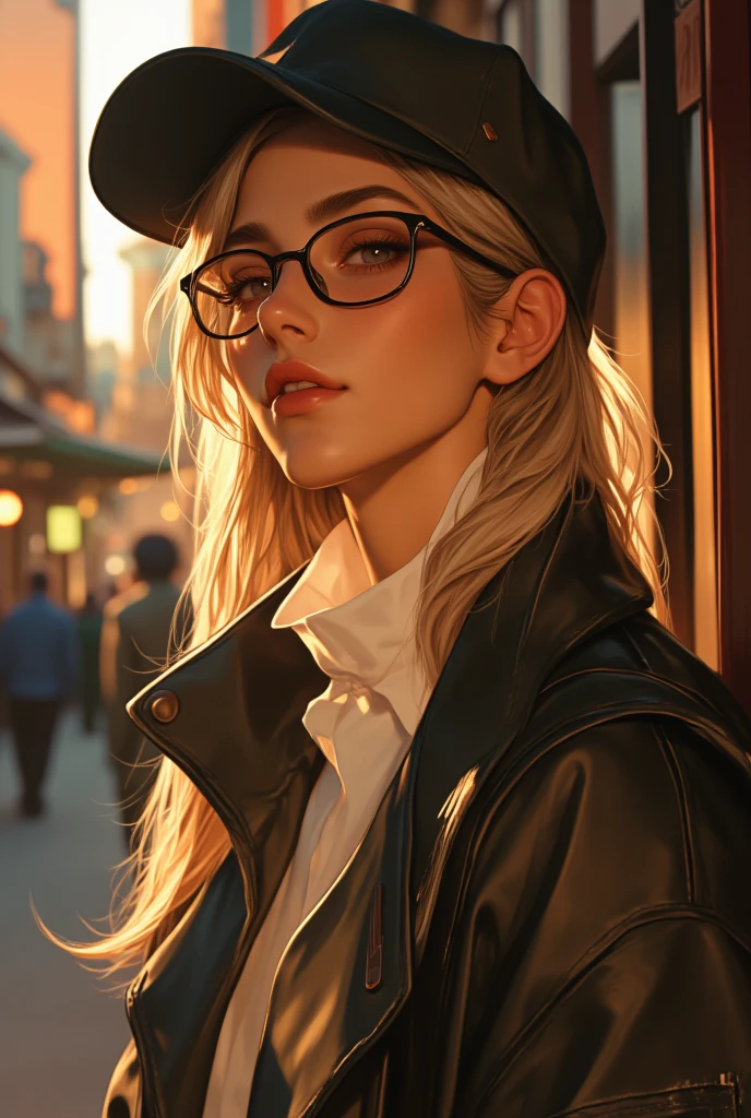 ((Highest Quality、masterpiece、high sensitivity、high definition、detailed depiction、Delicate Face Description、Ｆvalue：6.0),((Slender Woman、wearing glasses)),street fashion、 cap、of your breast、
