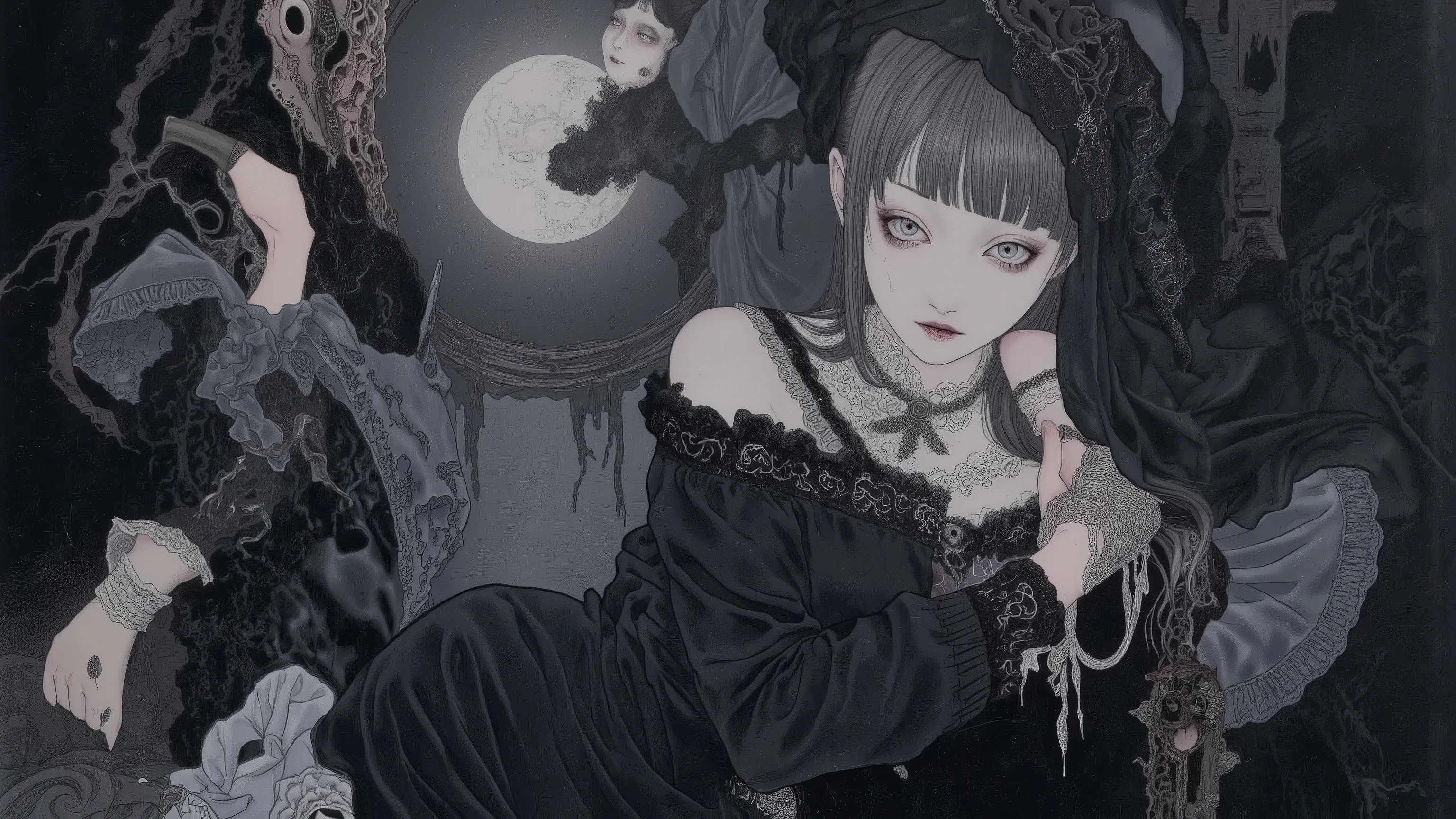 1girl,in coffin,melancholic,depression, black dress,trim,pale skin,dramatic,hypnotic