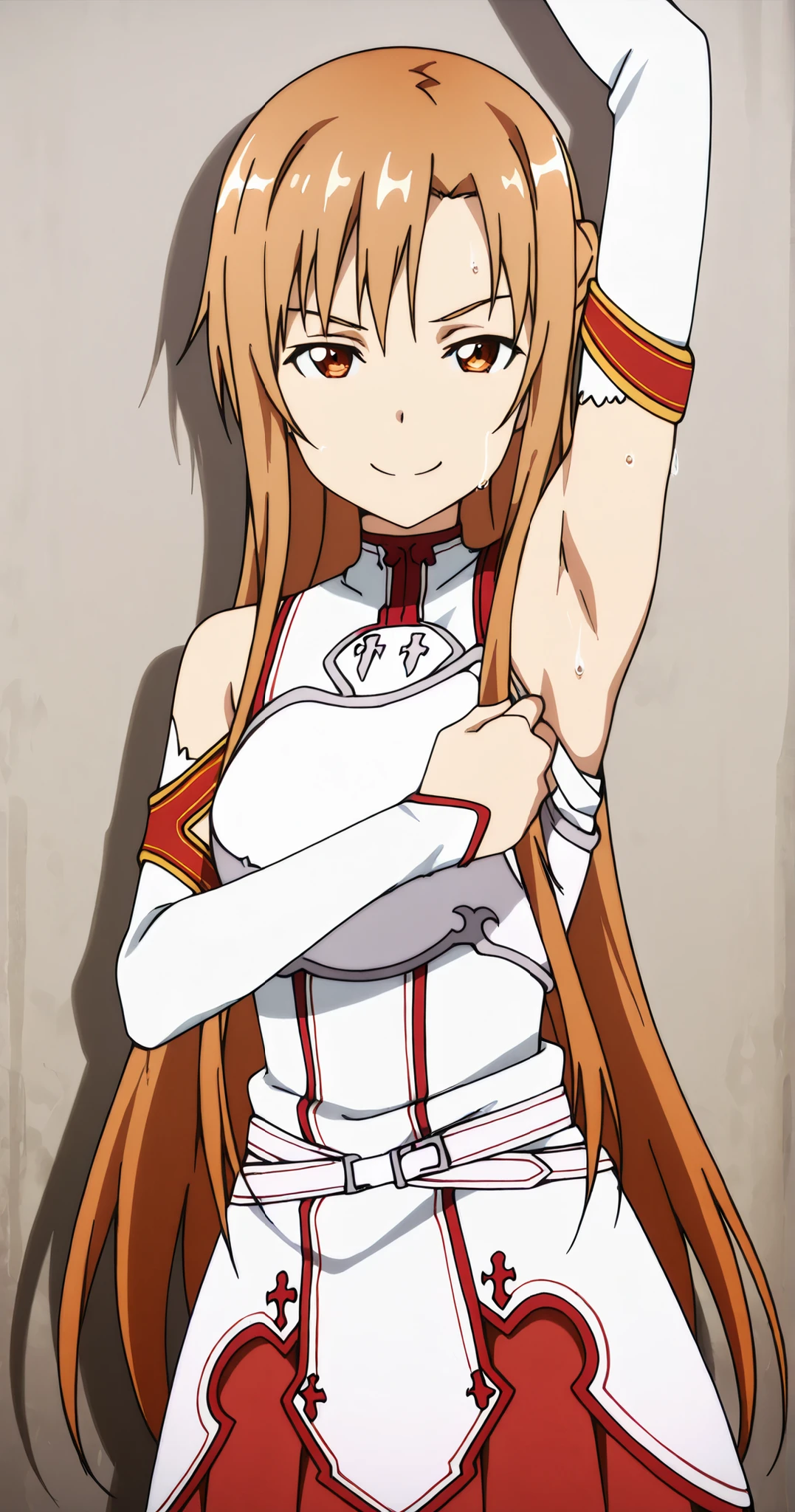 masterpiece, best quality, amazing quality, anime screencap, anime coloring, 1girl, solo, Yuuki Asuna, Yuuki Asuna SAO costume, White Armor, White breastplate, White isolated sleeve, (character), long hair, detached sleeves, bare shoulders, bare arms, arm up, one raised arm, armpit, showing armpit, other hand pulling down the armhole of her shirt from under the raised arm exposing more of her armpit, sweaty, drenched, soaked, looking at viewer, dominant smile, character sheet expression, teasing anime expression, brow arch, villainess smirk, high eyebrow placement, (front light:1.1), outside, armpit shadow, sweat drops, armpit sweat, sweaty armpits, stuffy, red skirt,