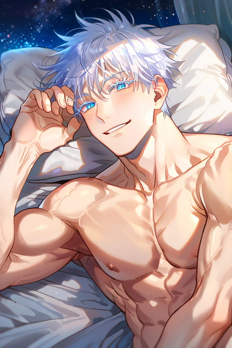 absurdres, highres, ultra detailed, HDR, master piece, best quality, Gojou Satoru, white hair, expressive blue eyes, white eyelashes, Jujutsu Kaisen, solo, sexy man, handsome, horny, lewd, without shirt, POV you, your hands touching Gojo Satoru's pecs, fantasy, magical, pink flowers, pink butterflies, blue sky, pink petals, Nu Carnival