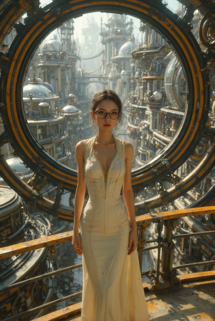 ((Highest Quality、masterpiece、high sensitivity、high definition、detailed depiction、Delicate Face Description、Ｆvalue：6.0),((Slender Woman、wearing glasses)),Steampunk、Gear Castle、Queen、