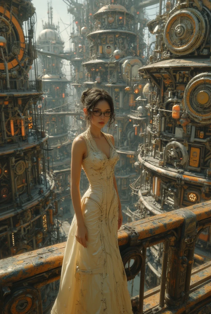 ((Highest Quality、masterpiece、high sensitivity、high definition、detailed depiction、Delicate Face Description、Ｆvalue：6.0),((Slender Woman、wearing glasses)),Steampunk、Gear Castle、Queen、