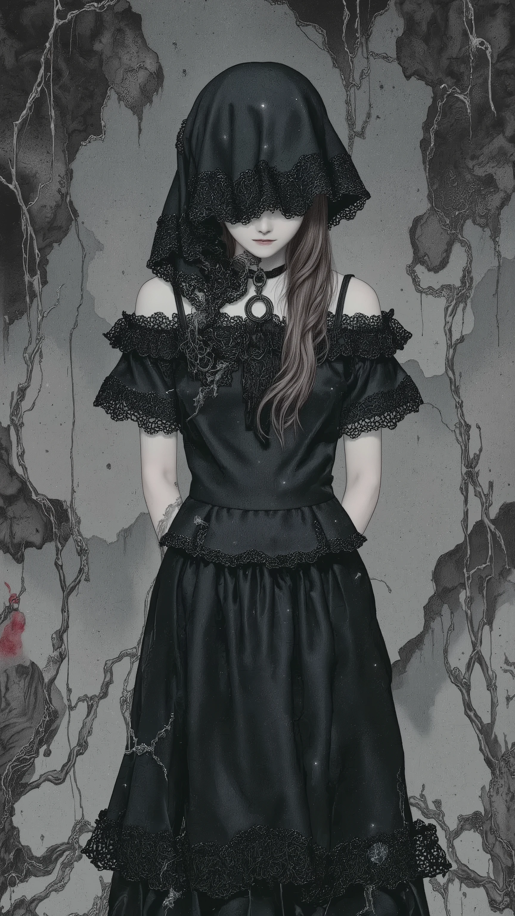 1girl,doll-like,melancholic,depression,black veil, black dress,trim,pale skin,dramatic,