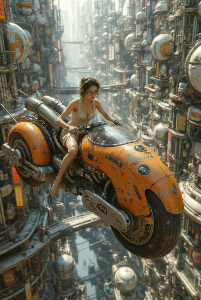 ((Highest Quality、masterpiece、high sensitivity、high definition、detailed depiction、Delicate Face Description、Ｆvalue：6.0),((Slender Woman、wearing glasses)),Drive over、drone bike、and run through、buildings {x} steampunk worldview、