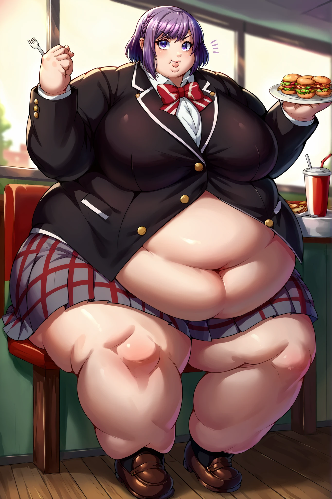 High quality, full body photo of a beautiful sexy secretary wearing extremely short skirt and seamed stockings, ((solo)), adult, high heels, craves sex, sweaty, eating at McDonalds, beautiful face, long wavy blonde hair, stunning blue eyes, massive painfully overstuffed bloated distended bulging heavy obese belly, panties visible under skirt, revealing skirt, shes binge eating, weight gain, very wide fat hips, fat thick thighs, massive wide fat round heart shaped shelf bubble butt, massive fat heavy breasts, very deep cleavage, tight uniform, belly so full it hurts, shes so fat she can barely stand, shes so full she can barely stand, her clothes dont fit shes so extremely fat, shes become a fat food addicted slob, she doesnt care about being fat anymore she just wants to eat more and more food until she cant move, covered in sweat,