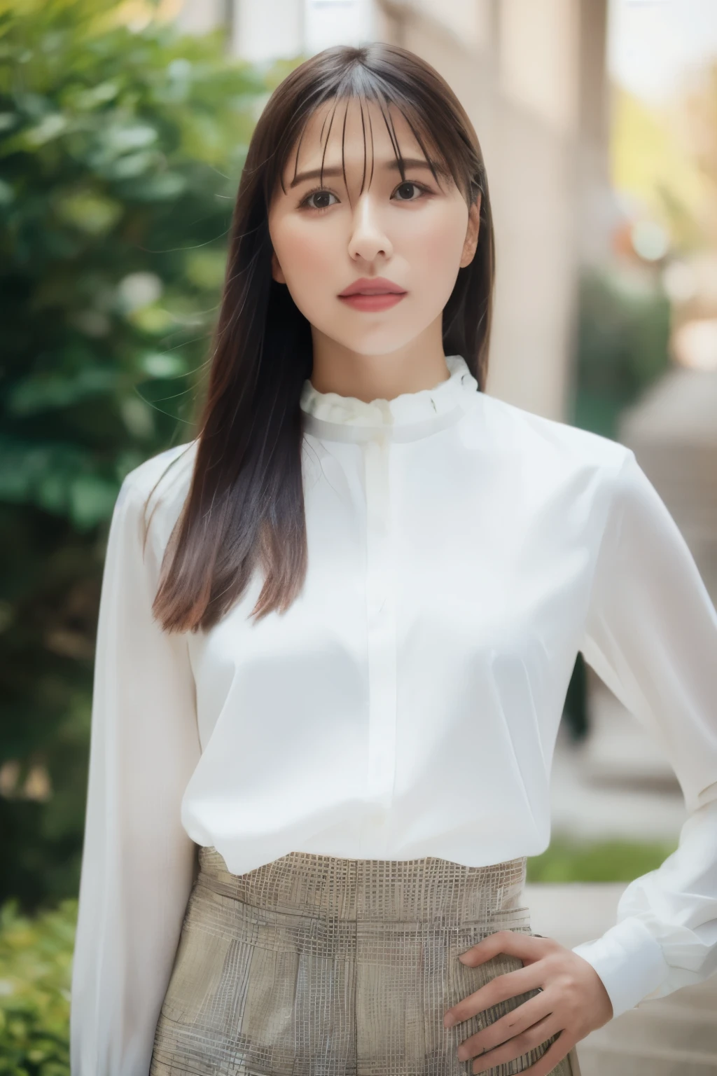 masterpiece,beautiful,very detailed,fine-grained,exquisite,(Ultra High Definition),(8K UHD top quality), (realistic, pictures-realistic:1.37), Depth_of,is blurry_background, pictures_insert,Draminic lighting,reference_insert,pictures_background,picturesrealistic,in hein_in_viewer,1人of女of子,detailed skin,つやつやof肌,(((white blouse))),(((upper body))),bookmarks