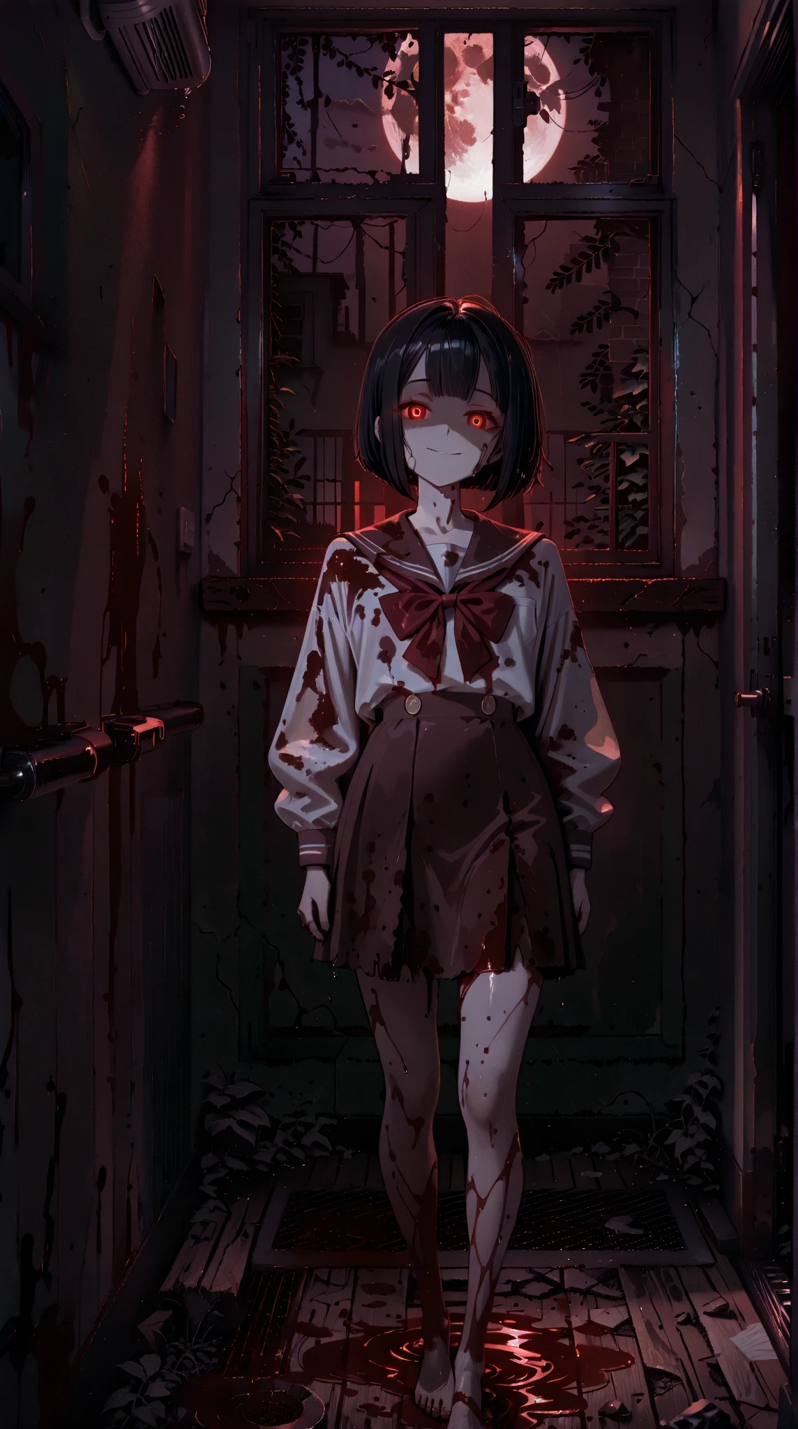 16 K,Beautiful, masutepiece, Best Quality, extra detailed face,Delicate eyes, Perfect Lighting,1 boy in、long coat of black color、Black hair.short-hair、holding axe、Dark Abandoned Hospital、terrorism、There are blood stains、horrified face、Staring at this、There is blood on the clothes、Dark horror、Girl with an ax、Abandoned hospital in the middle of the night