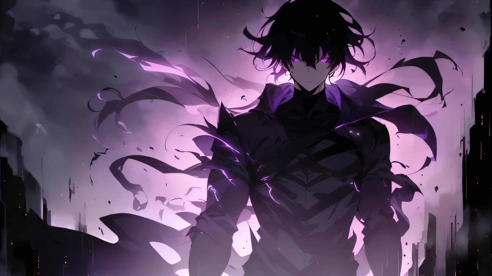 Super-detailed 8K masterpiece full-body portrait of a lone male assassin character inspired by Kaneki Ken in Tokyo Ghoul, laugh confidently, cruel, in the art style of Solo Leveling. short black hair, glowing purple eyes, pale skin , cinema light, Strong depth of field. Black hood, rain drenched, standing alone in dark Tokyo cityscape. Hair partially covering the face, gaze attentively looking at the viewer, somber and dramatic expression. luxurious fabric motifs on clothes, ray tracing reflection, ultra sharp detail, high contrast shadow, serene atmosphere. Solitary focus, aesthetics of the core male protagonists, anime style with a modern touch, Strong.