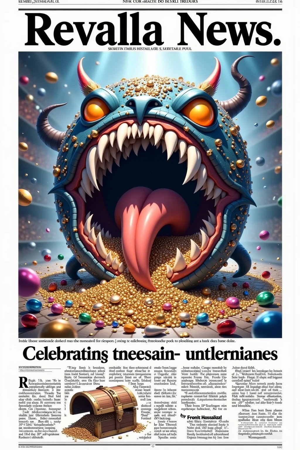 Newspaper,front-page news,Large headline text「thank you for 40k」There is a photo frame that takes up two-thirds of the page.the photo is a  Treasure  Monster,Mimic