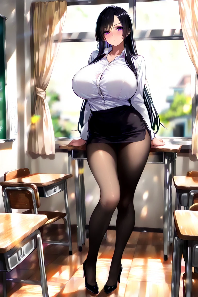 female, mature female, tall female, plus size, black hair, long hair, bangs, perfect hair, brown eyes, perfect eyes, beautiful body, perfect body, beautiful face, perfect face, upper body, huge , cleavage, perfect quality, perfect resolution, detailed, looking at viewers, office lady, black suit, skirt suit, classroom,Silver_Beauty,more_details:-1, more_details:0, more_details:0.5, more_details:1, more_details:1.5, full body (NSFW breasts), hdri, extremely naked, nude, nua, pelada, nsfw, gigantic breast 1.9, no half legs