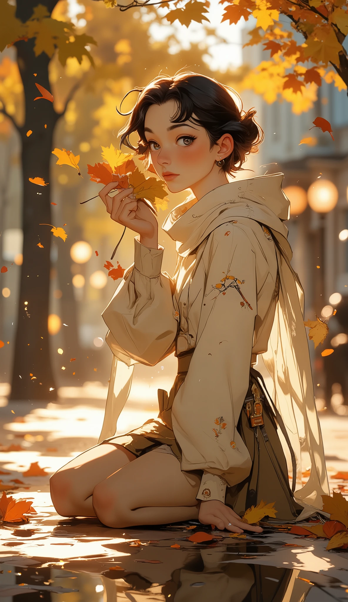 8 k, masterpiece, high quality, low angle. A short square, pale skin, closed eyes, serene expression. cream sweater, beige skirt, white scarf. on his knees, holding a leaf, head tilted upwards. autumn leaves, shot via iPhone, include iPhone camera UI elements, such as the shutter button, focal square, exposure slider, time and battery icons, and portrait mode label, and the background is softly blurred, as in portrait mode, natural light with soft shadows and slight lens flare, wet asphalt with reflections, realistic textures, cinematic layout with sketches smartphone screen, iPhone shooting aesthetics, aidmaMJ6.1