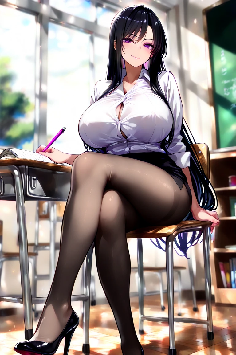 35 Years Old, japanese mature woman, wearing tight Teacher uniform, black sexy Long stockings,huge breast, cleavage breast, seductive face, full body, classroom, breast Burst out from her uniform, unbuttoned uniform, sitting on table, spreading her legs, Showing her underwear