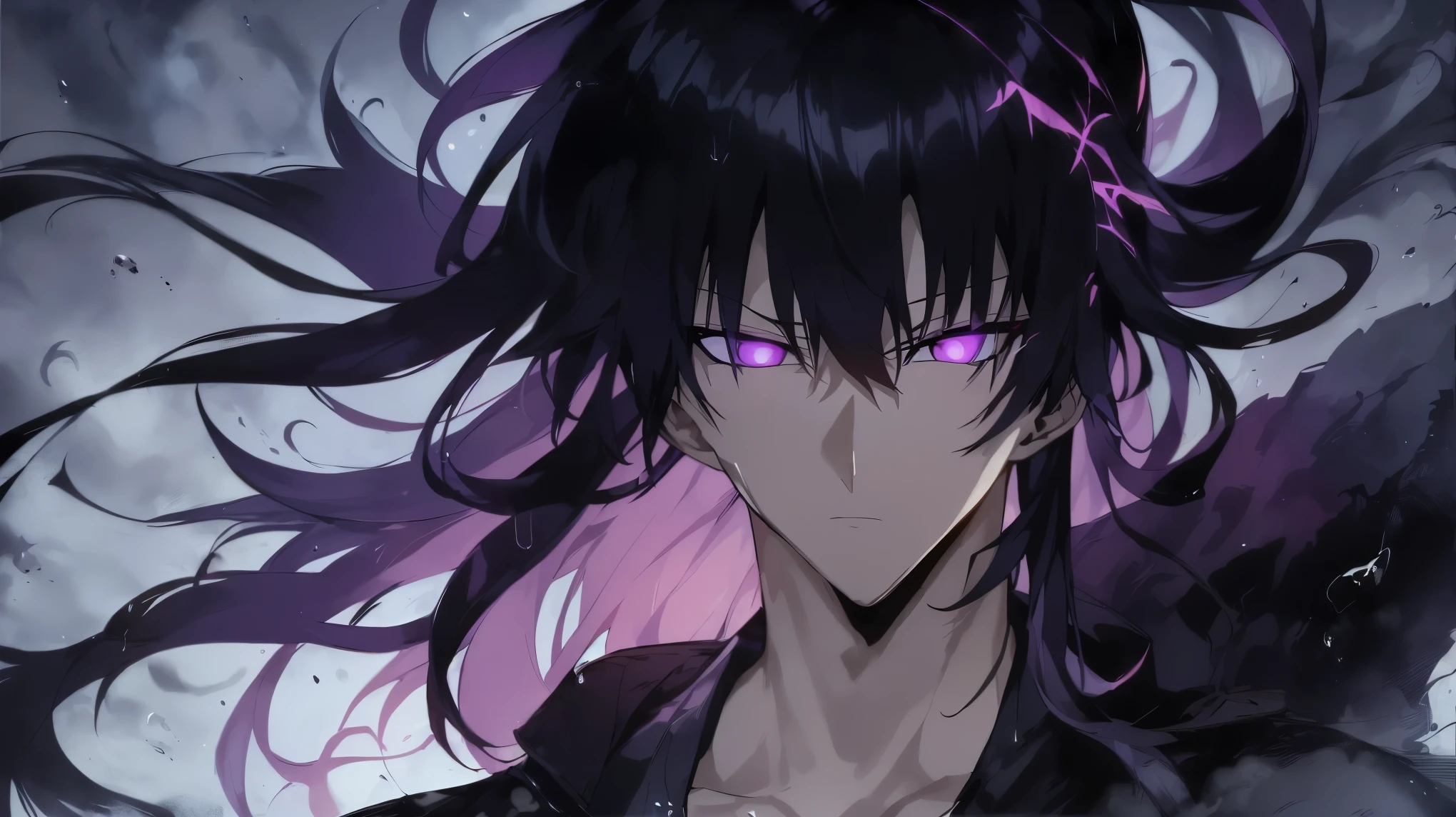 Super-detailed 8K masterpiece full-body portrait of a lone male assassin character inspired by Kaneki Ken in Tokyo Ghoul, laugh confidently, cruel, in the art style of Solo Leveling. short black hair, glowing purple eyes, pale skin , cinema light, Strong depth of field. Black hood, rain drenched, standing alone in dark Tokyo cityscape. Hair partially covering the face, gaze attentively looking at the viewer, somber and dramatic expression. luxurious fabric motifs on clothes, ray tracing reflection, ultra sharp detail, high contrast shadow, serene atmosphere. Solitary focus, aesthetics of the core male protagonists, anime style with a modern touch, Strong.